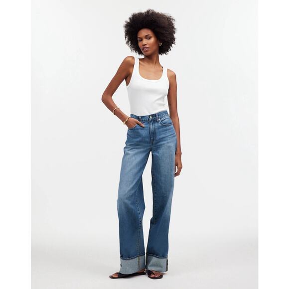 Madewell Superwide Leg Jeans Cuffed Fannin Wash Mid Rise Rigid Denim Womens 26P - Picture 1 of 10